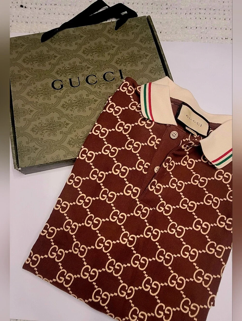 🇮🇹 Gucci Embroidered 👕Brown and Cream GG🇮🇹 Monogram Polo✨️